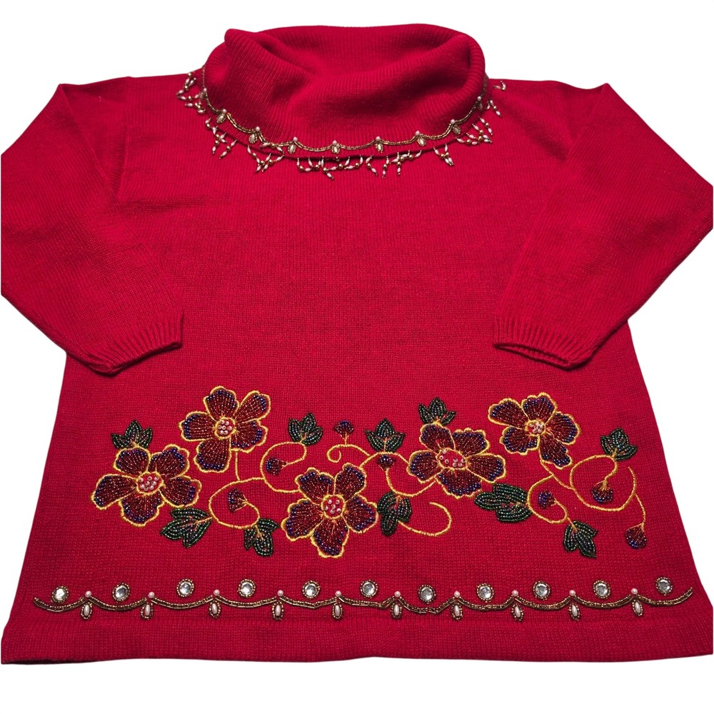 Victoria Jones Red Beaded Floral Cowl Neck Sweater Womens Large Holiday Festive